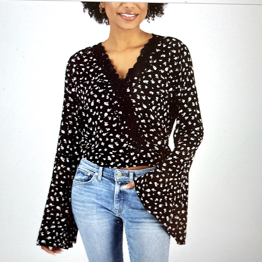 Just Polly Boho Vibes Floral V-Neck Lace-Trim Bell-Sleeve Top with Tie in Back